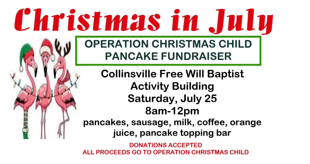 Christmas in July – Operation Christmas Child Pancake Fundraiser flyer