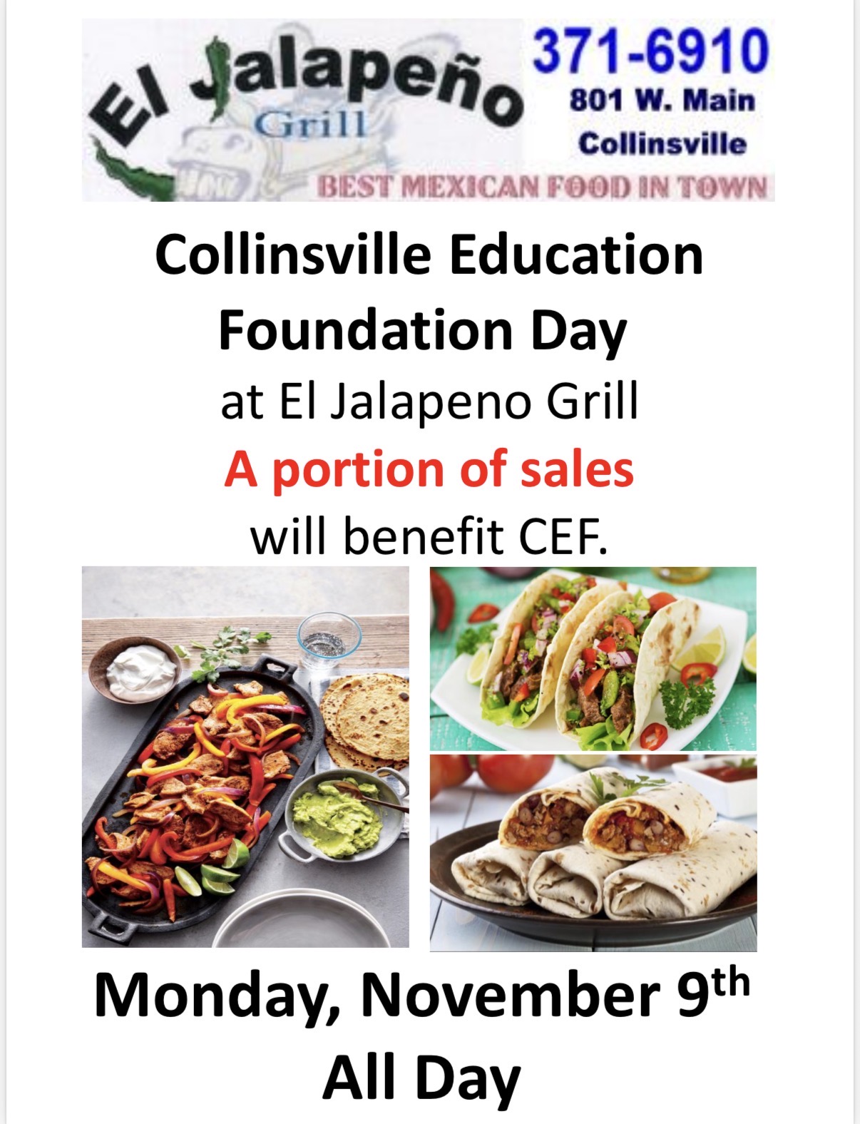Collinsville Education Foundation Day at El Jalapeno Grill flyer